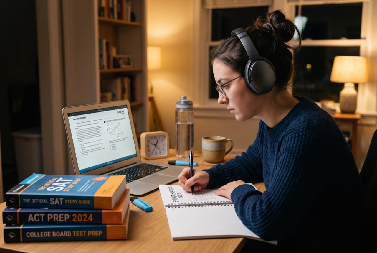 Kulaklıkla sınav hazırlığı yapan öğrenci — TOEFL, IELTS, SAT